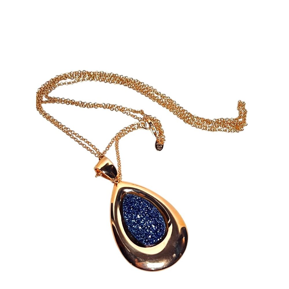 Bronzo Italia Rose Gold Tone Necklace With Blue Druzy Teardrop Pendant (6290) - Picture 8 of 9
